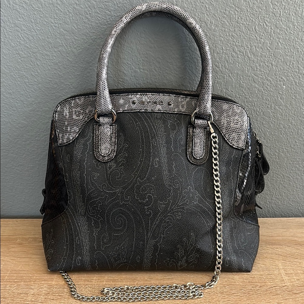 Etro Black and Gray Paisley Handbag w/ Snakeskin Design on the sides